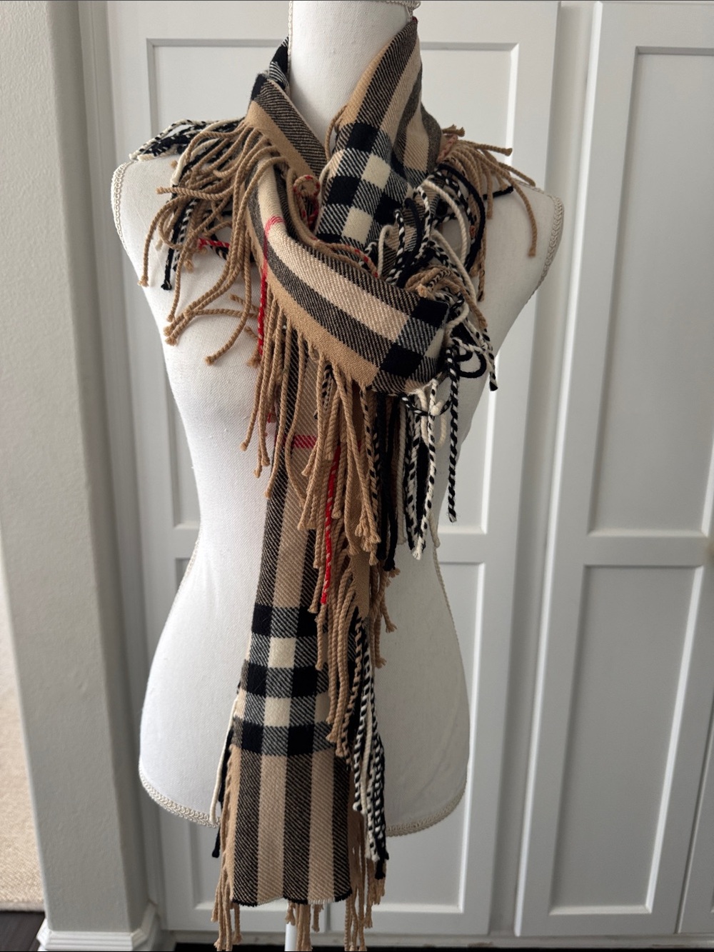 Burberry Tan, Black & Cream Check Fringe Scarf
